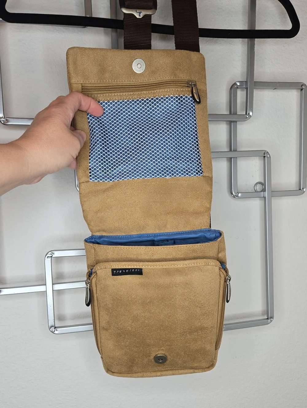 Travelon Multi Fuction Tan Suede Travel Hiking Sightseeing Crossbody Bag NWOT